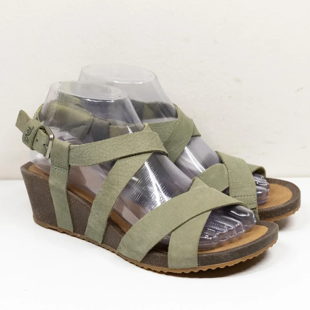 TEVA Mahonia Cross Strap Cork Wedge Leather Sandals Olive Green Sz 7.5